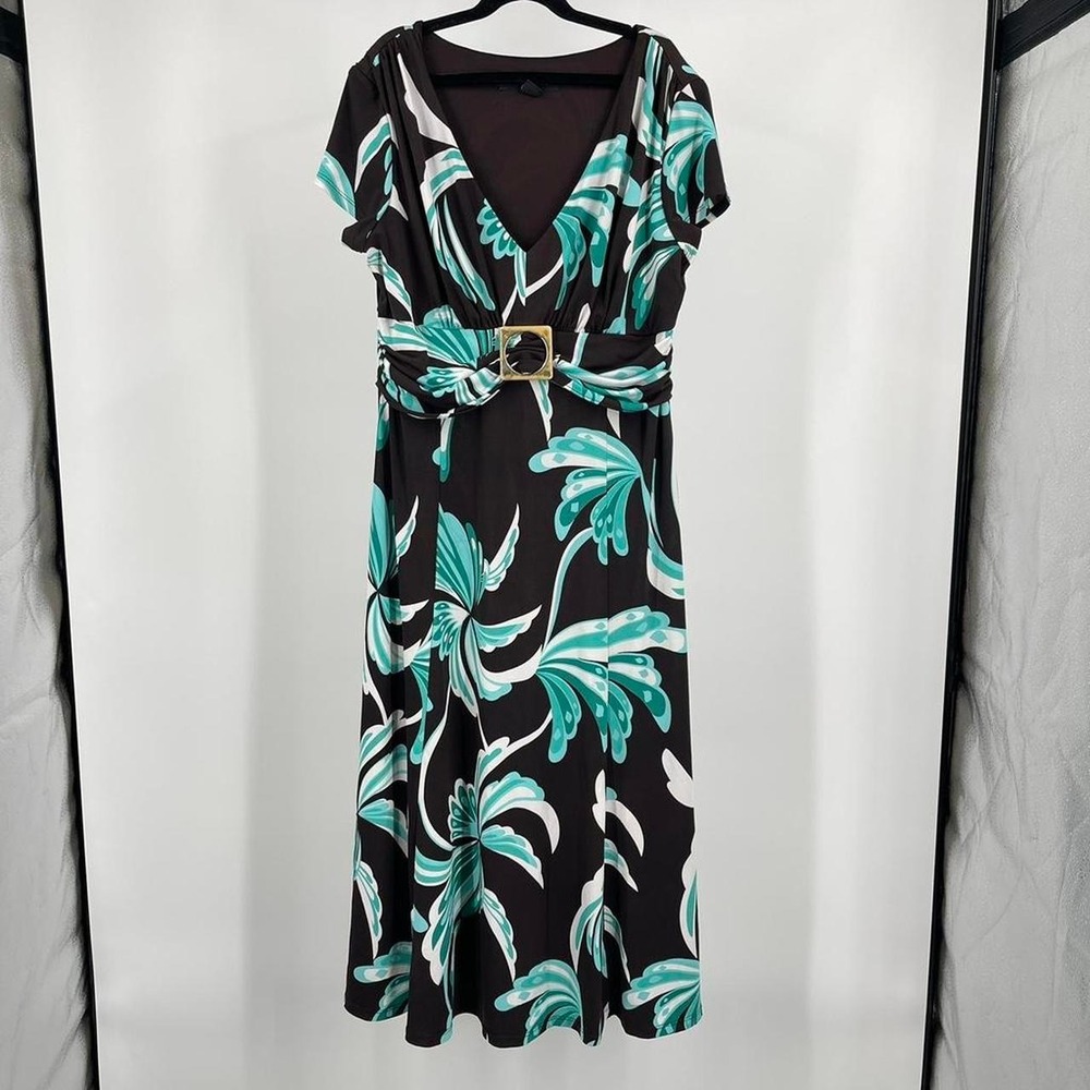Y2K Floral Summer Midi‎ Dress XL V Neck Brown Blue Flowy Buckle Colorful Petite